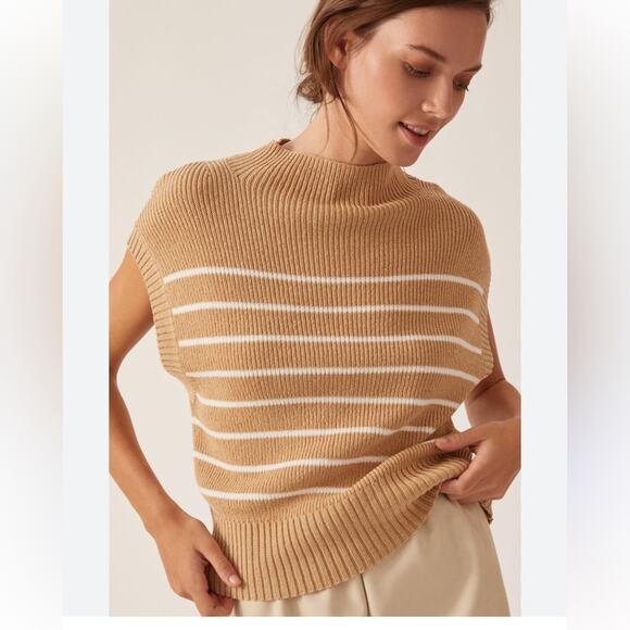 MAEVE ANTHROPOLOGIE Tan & White Striped Knit Mockneck SweaterTank Size S - Picture 1 of 6